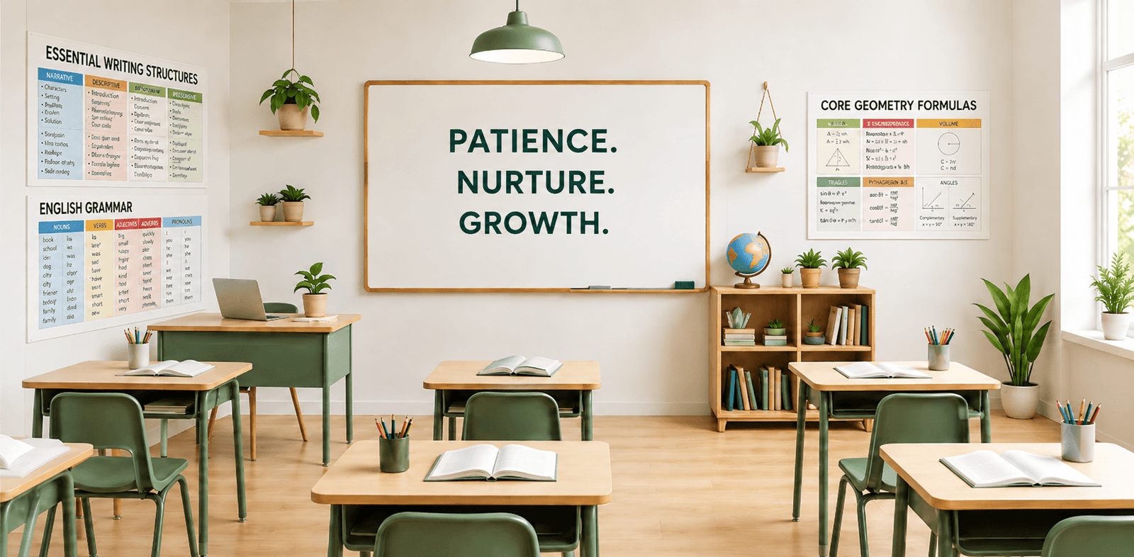 Bright tutoring classroom with desks, books and learning displays